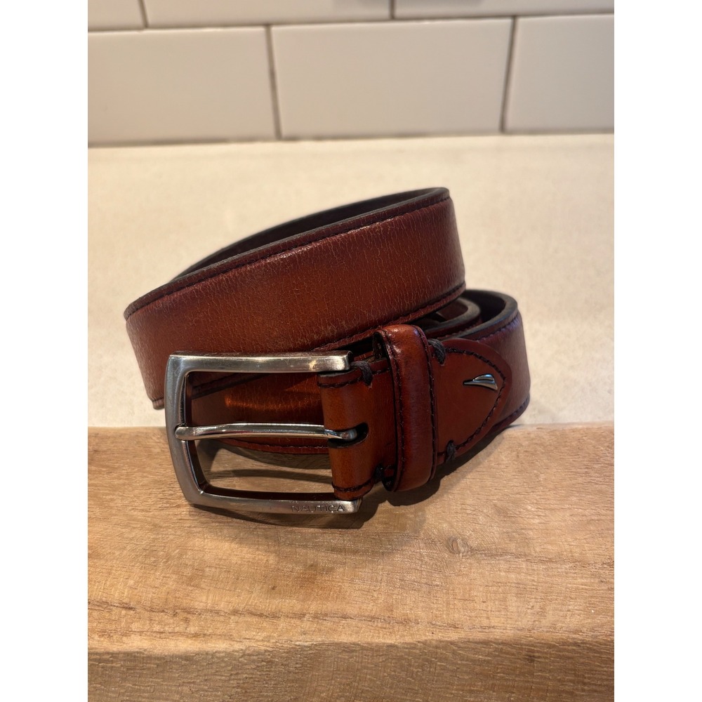 Nautica Mens Brown Genuine Leather Belt Silver Buckle Handcrafted Logo SZ 40